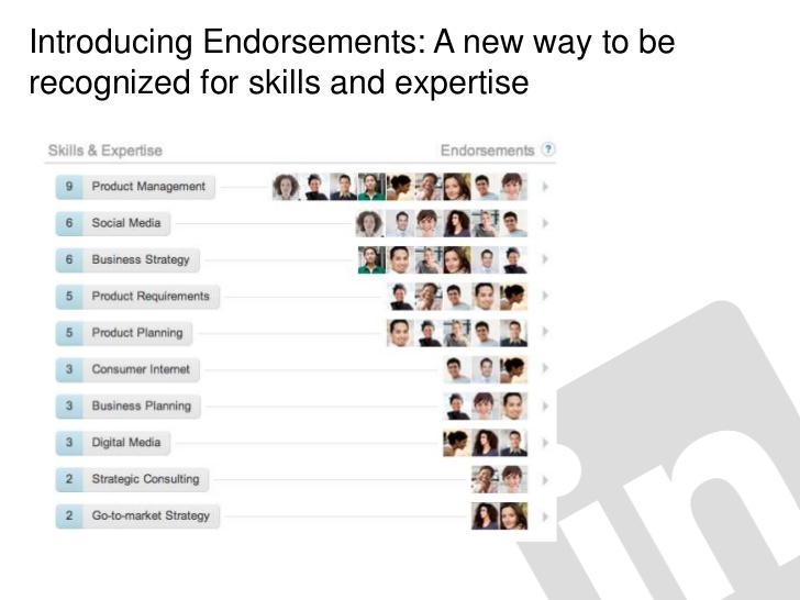 screenshot of the prior skills section from LinkedIn with miniature headshots of endorsements for every skill