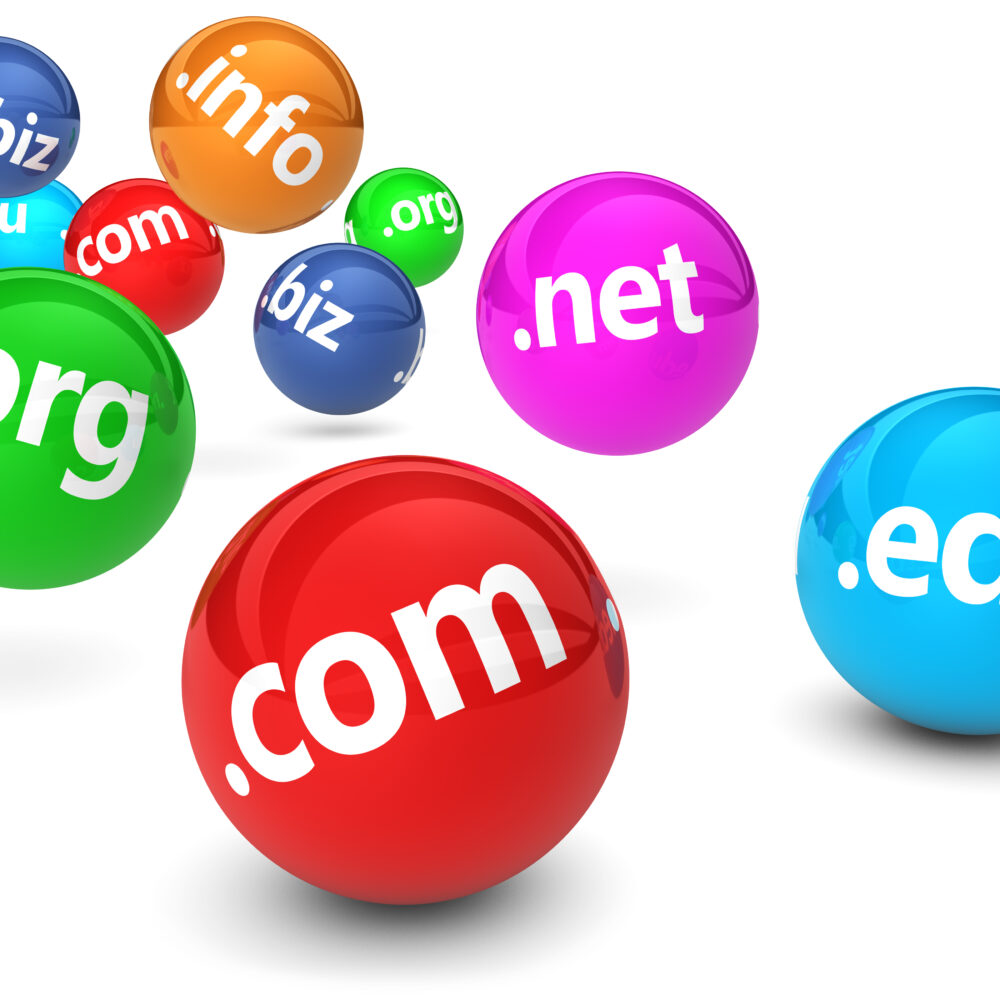 colorful balls with domain extensions in white letters